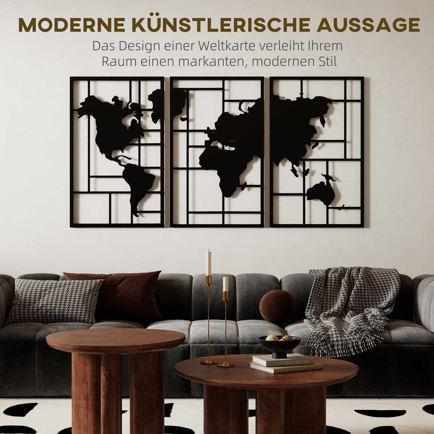 Metal Wall Art Set – 3-Piece World Map, 50x80 cm, Black