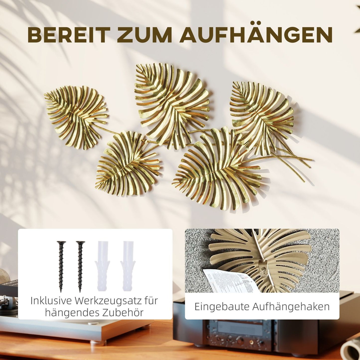 Metal Wall Decor Set, Gold Leaf Design