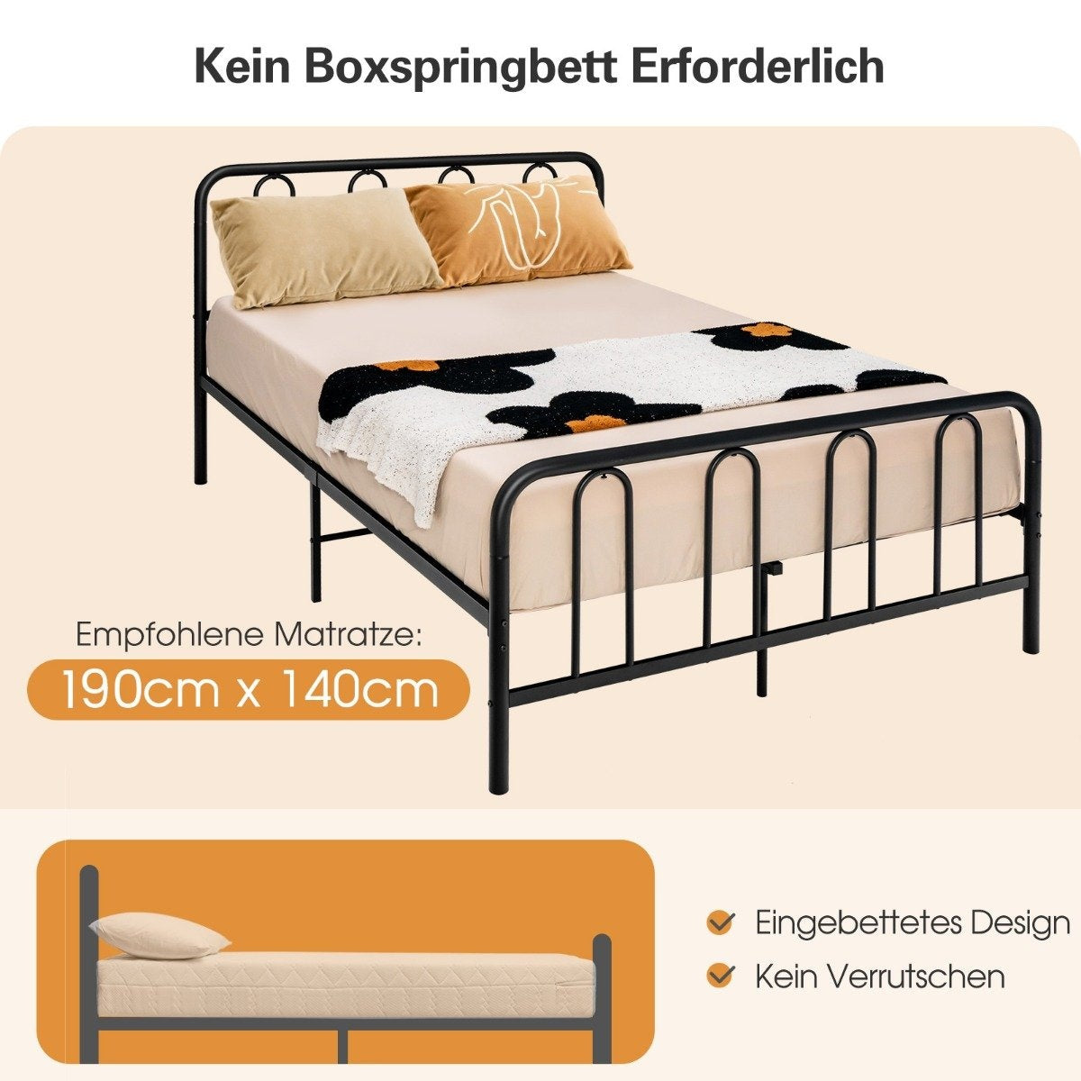 Metal bed frame for 190 x 140 cm mattress double bed frame with slatted frame & storage space