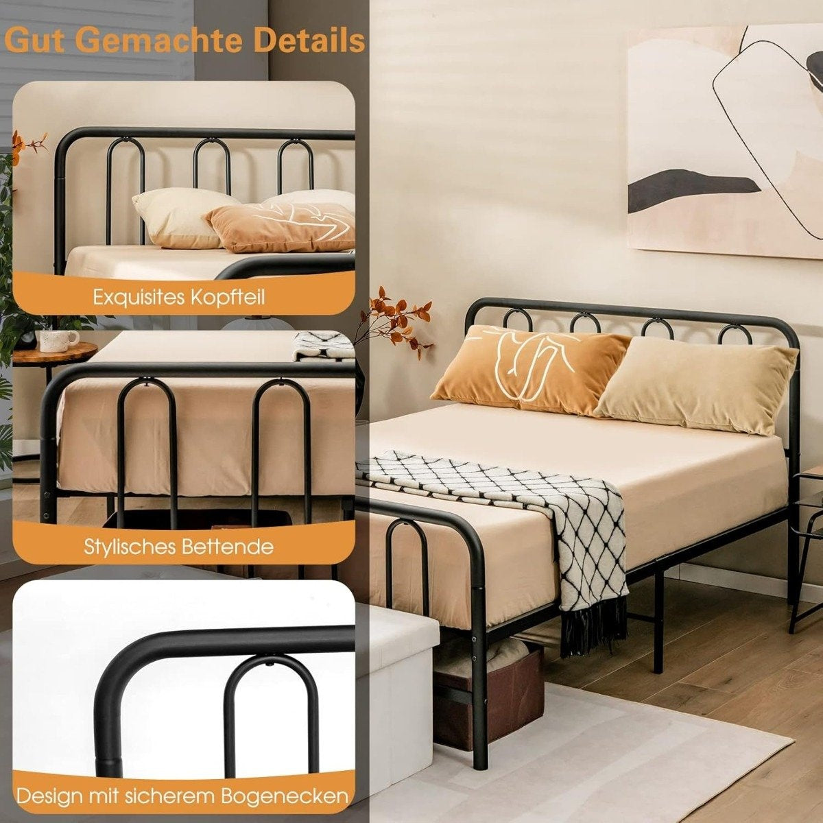 Metal bed frame for 190 x 140 cm mattress double bed frame with slatted frame & storage space