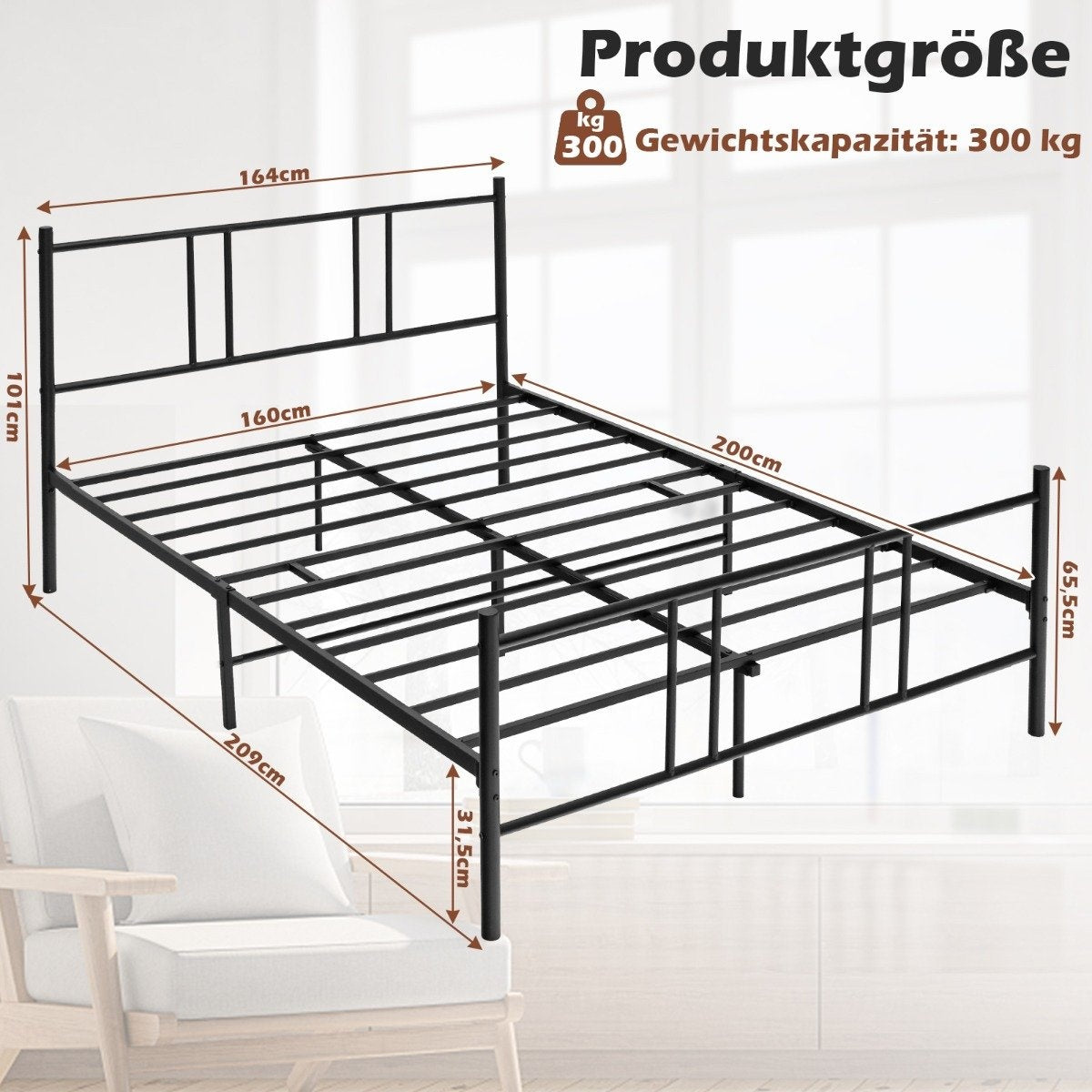 Metal bed frame platform bed frame with headboard and footboard 200 x 160 cm black