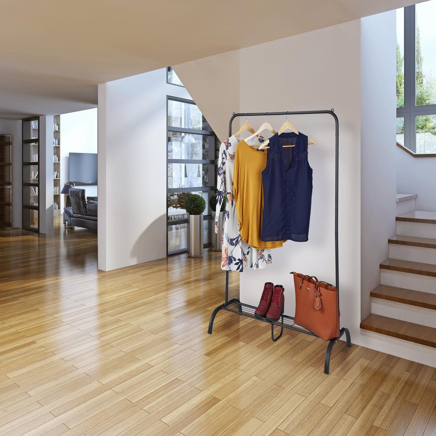 Metal clothes hanger with shelf