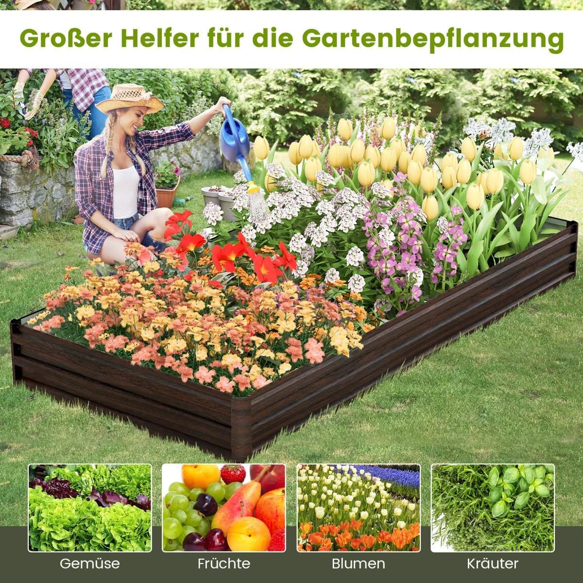 Metal raised bed with reinforced bracket & open base herb bed 240 x 120 x 30 cm