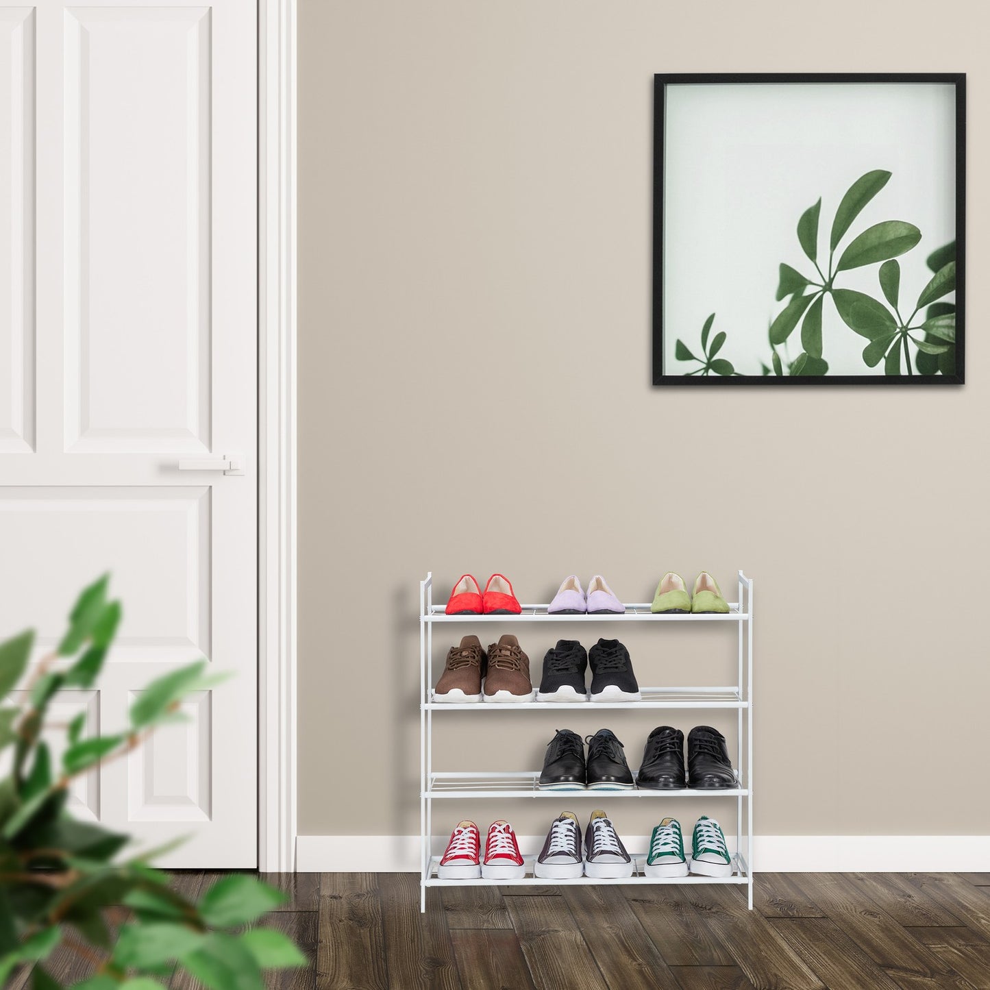Metal shoe rack with 4 shelves