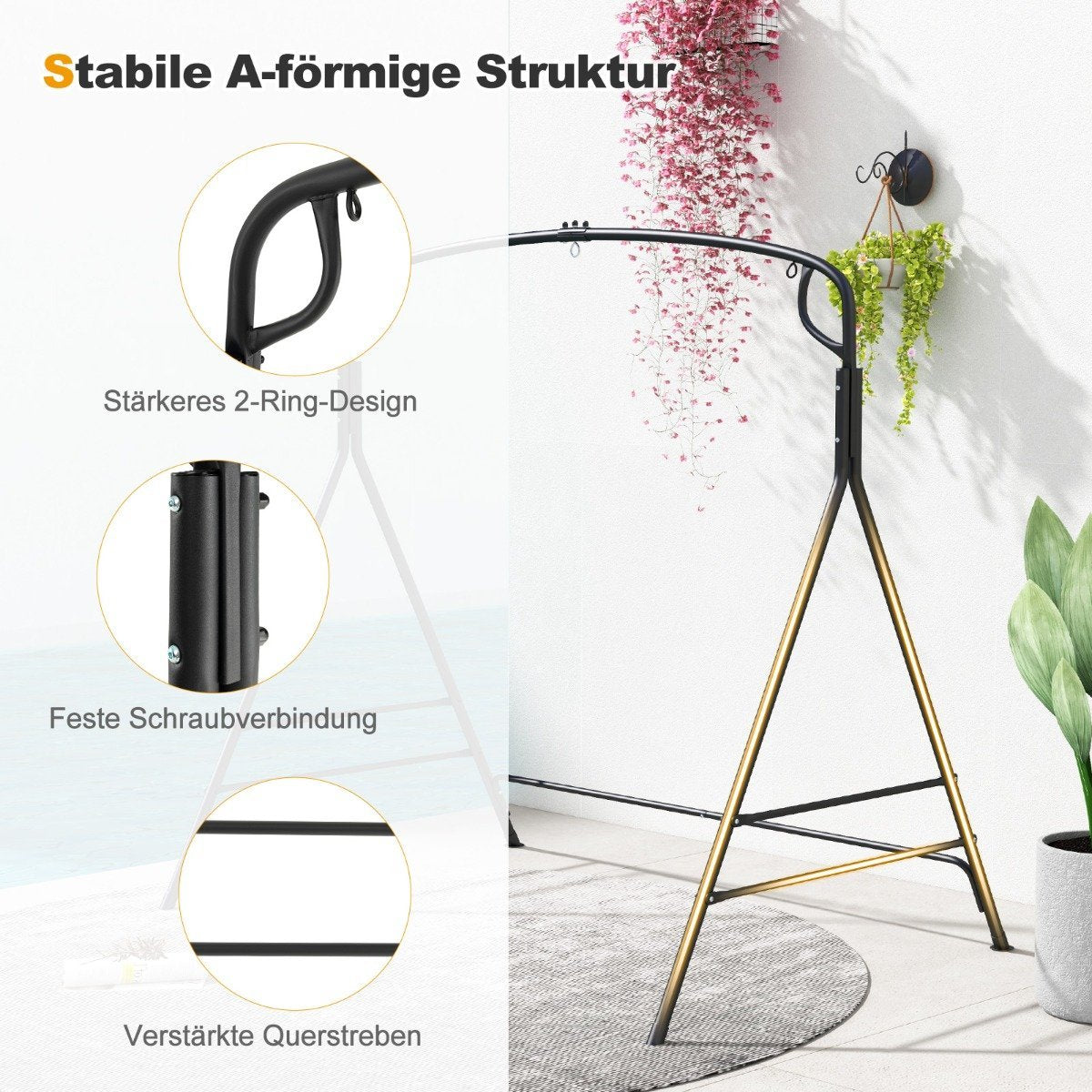 Metal swing frame with additional side bars & 2-ring design 170 x 118 x 165 cm