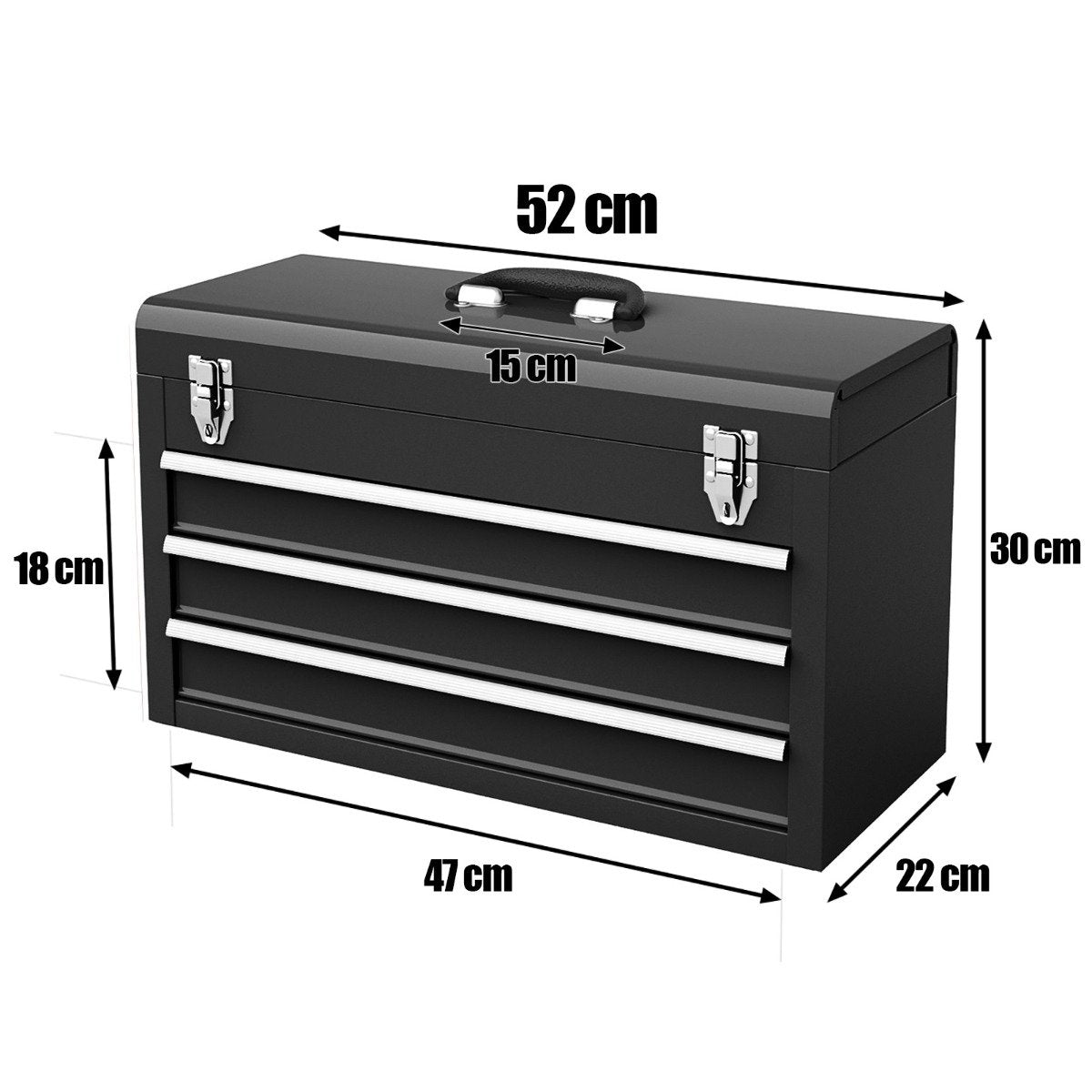Metal tool box with 3 drawers & top compartment tool box 52 x 21 x 30 cm black