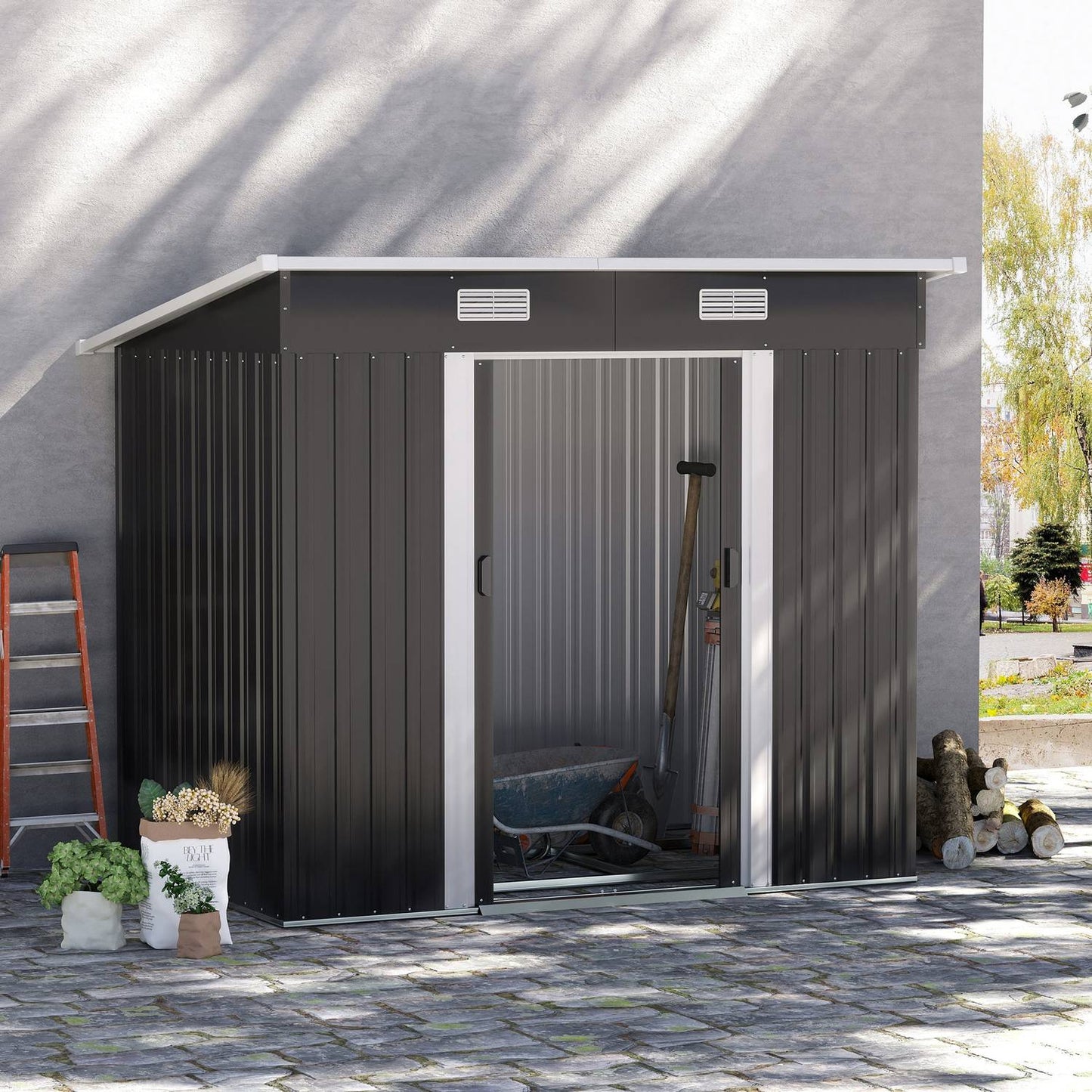 Metal tool shed 2.3 m² 207 x 130 x 182 cm with pent roof window floor frame black