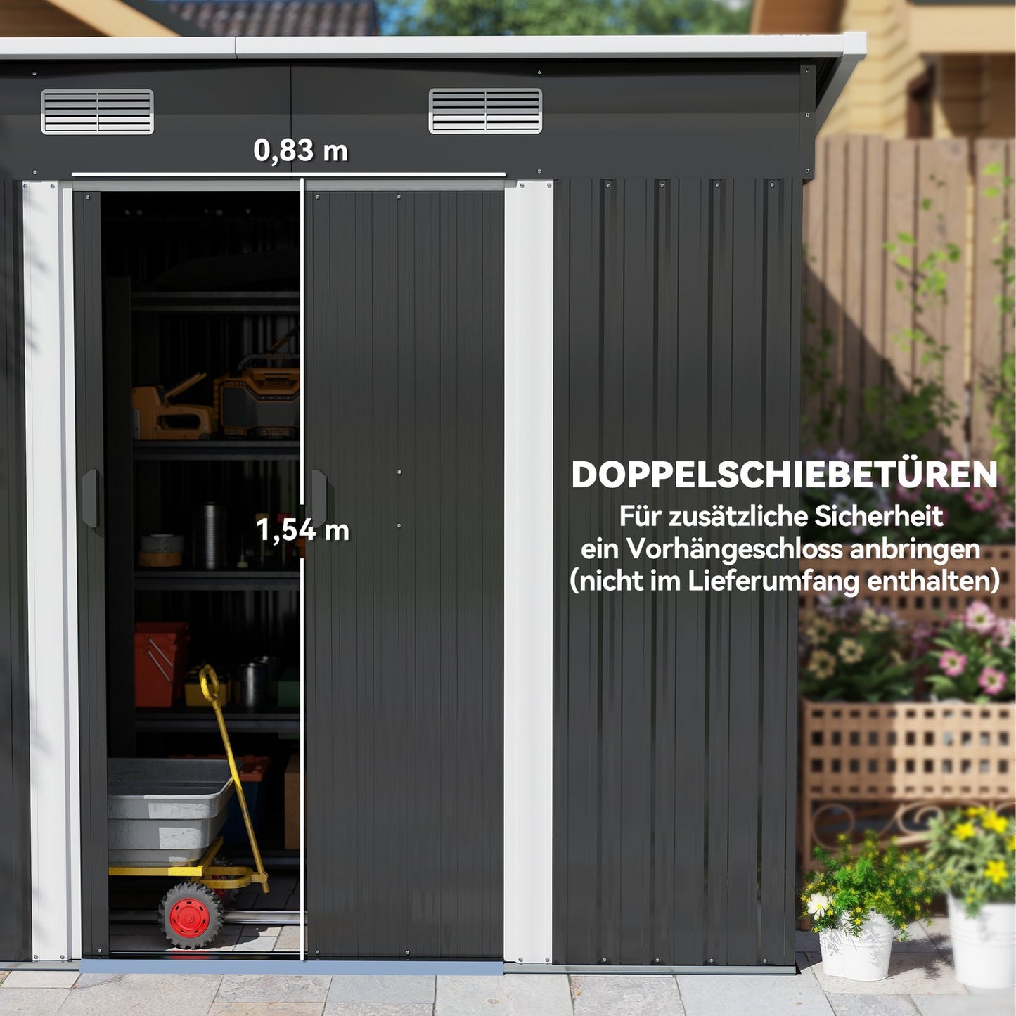 Metal tool shed 2.3 m² 207 x 130 x 182 cm with pent roof window floor frame black