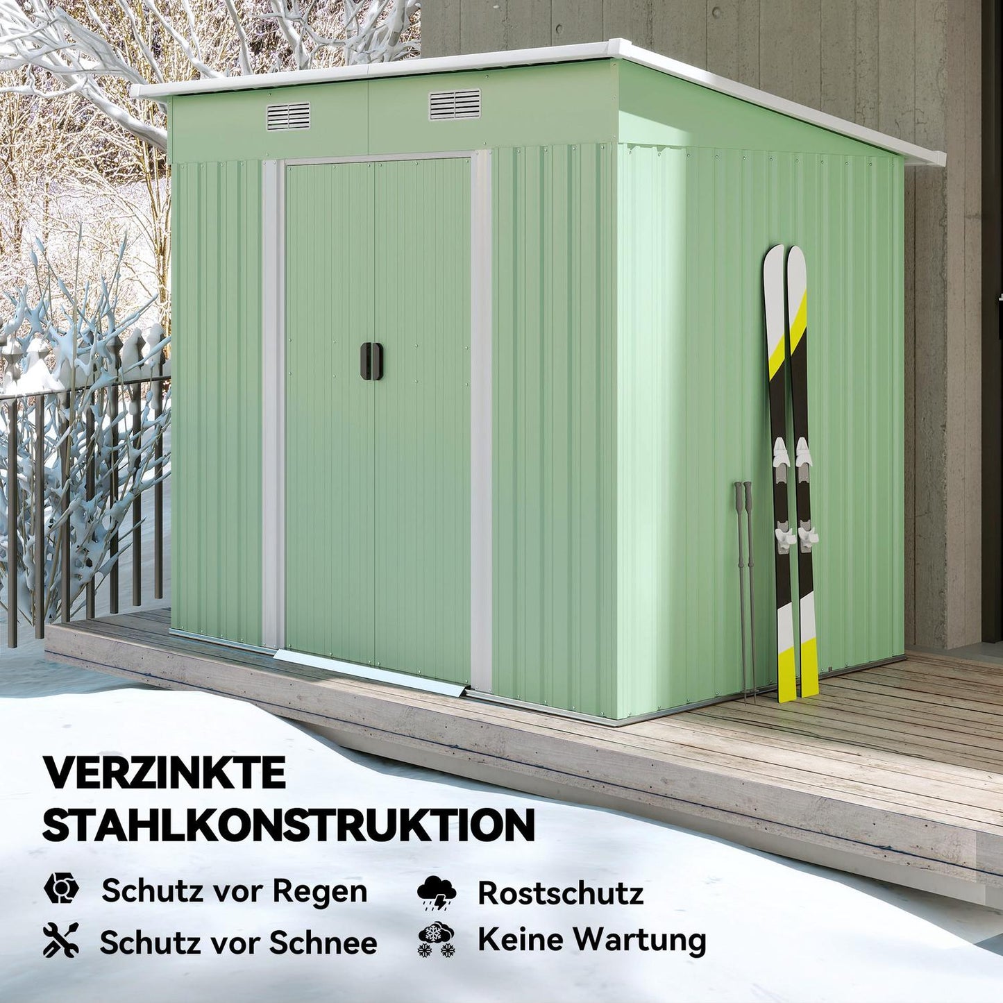 Metal tool shed 2.3 m² 207 x 130 x 182 cm with pent roof window floor frame green