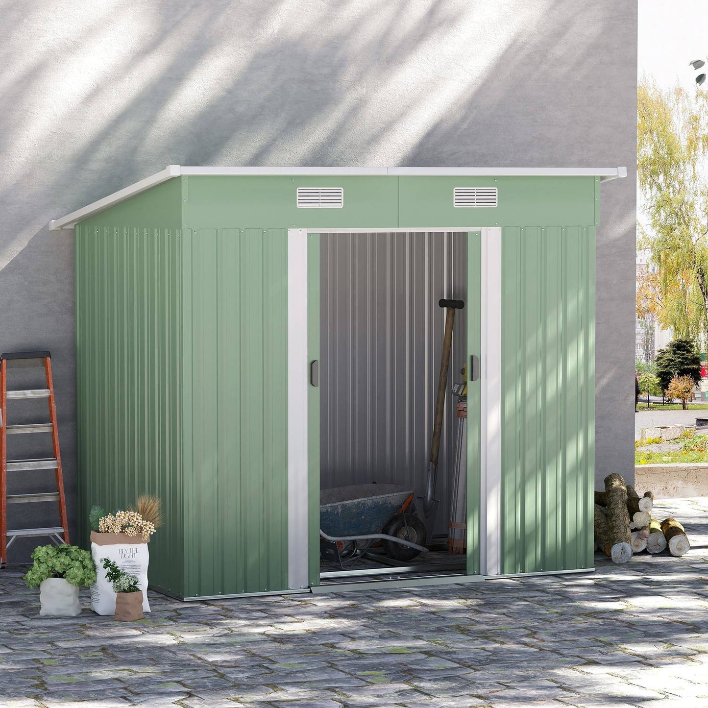 Metal tool shed 2.3 m² 207 x 130 x 182 cm with pent roof window floor frame green