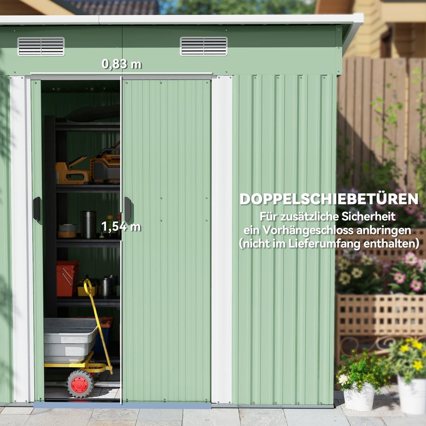 Metal tool shed 2.3 m² 207 x 130 x 182 cm with pent roof window floor frame green