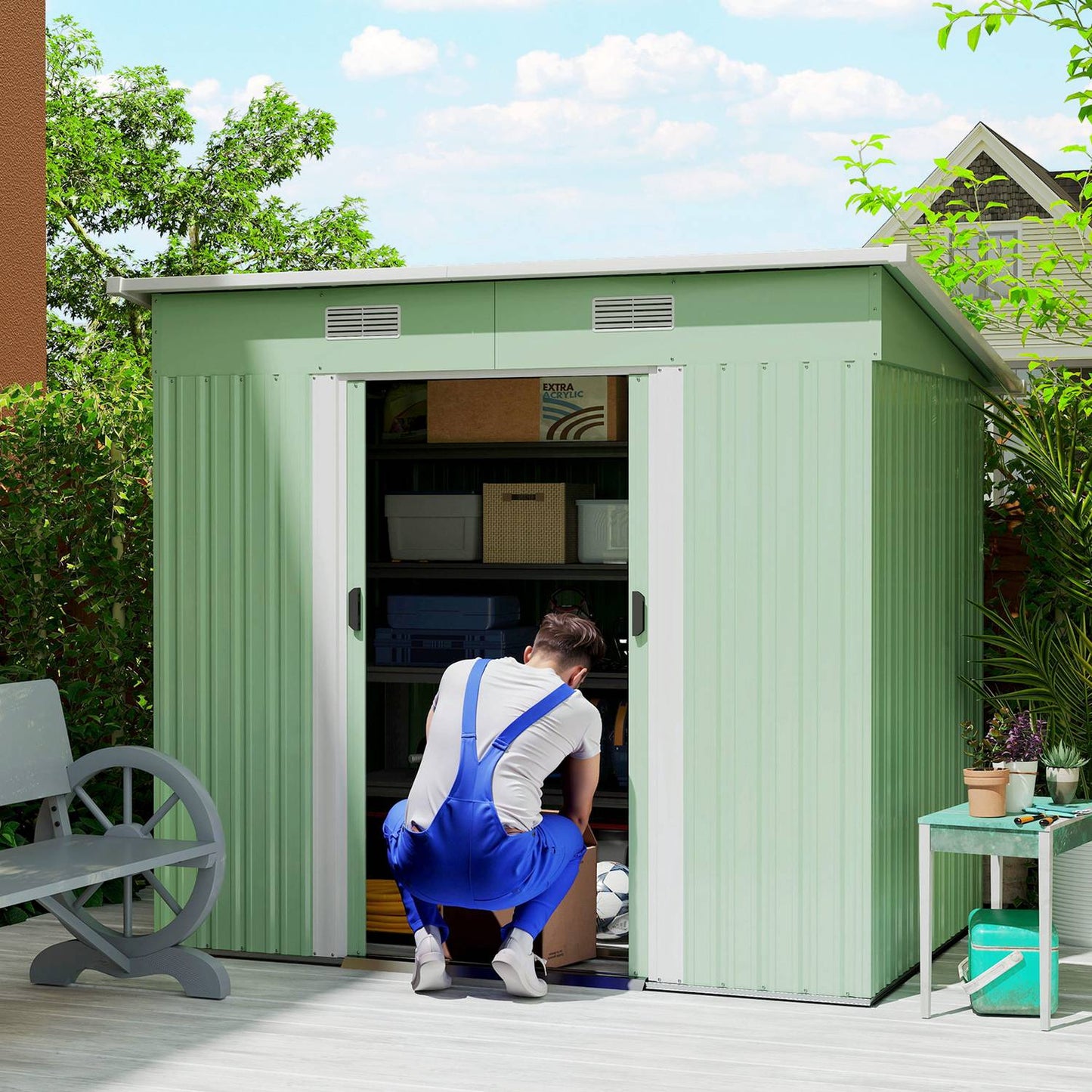Metal tool shed 2.3 m² 207 x 130 x 182 cm with pent roof window floor frame green