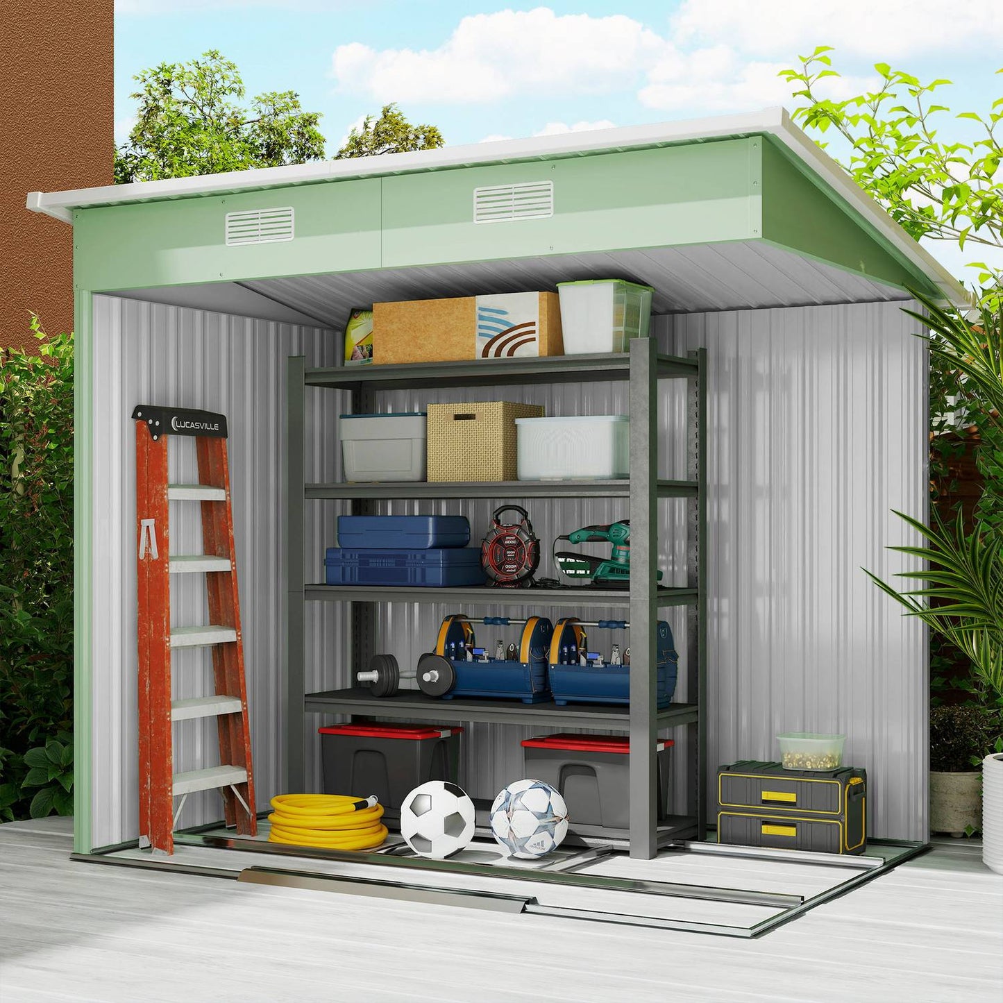 Metal tool shed 2.3 m² 207 x 130 x 182 cm with pent roof window floor frame green