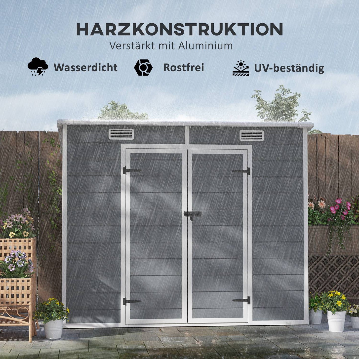 Waterproof metal tool shed 2.4 x 1.3 m, Grey