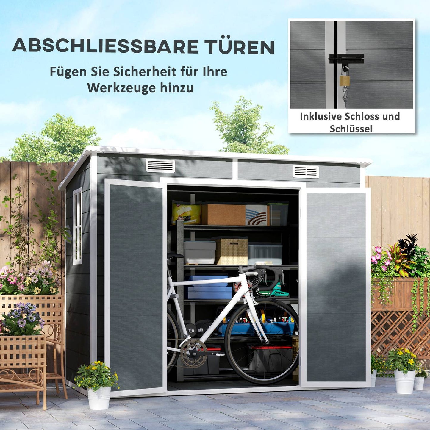 Waterproof metal tool shed 2.4 x 1.3 m, Grey