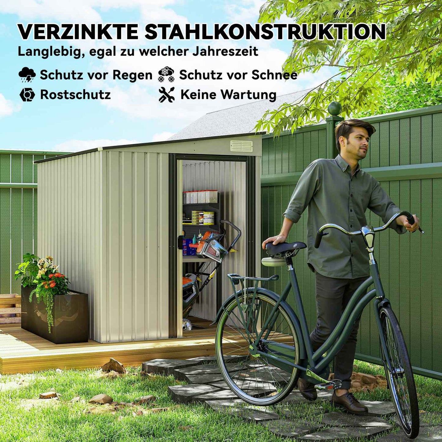 Metal tool shed 2.81m² 154x206.5x181 cm tool shed with pent roof foundation