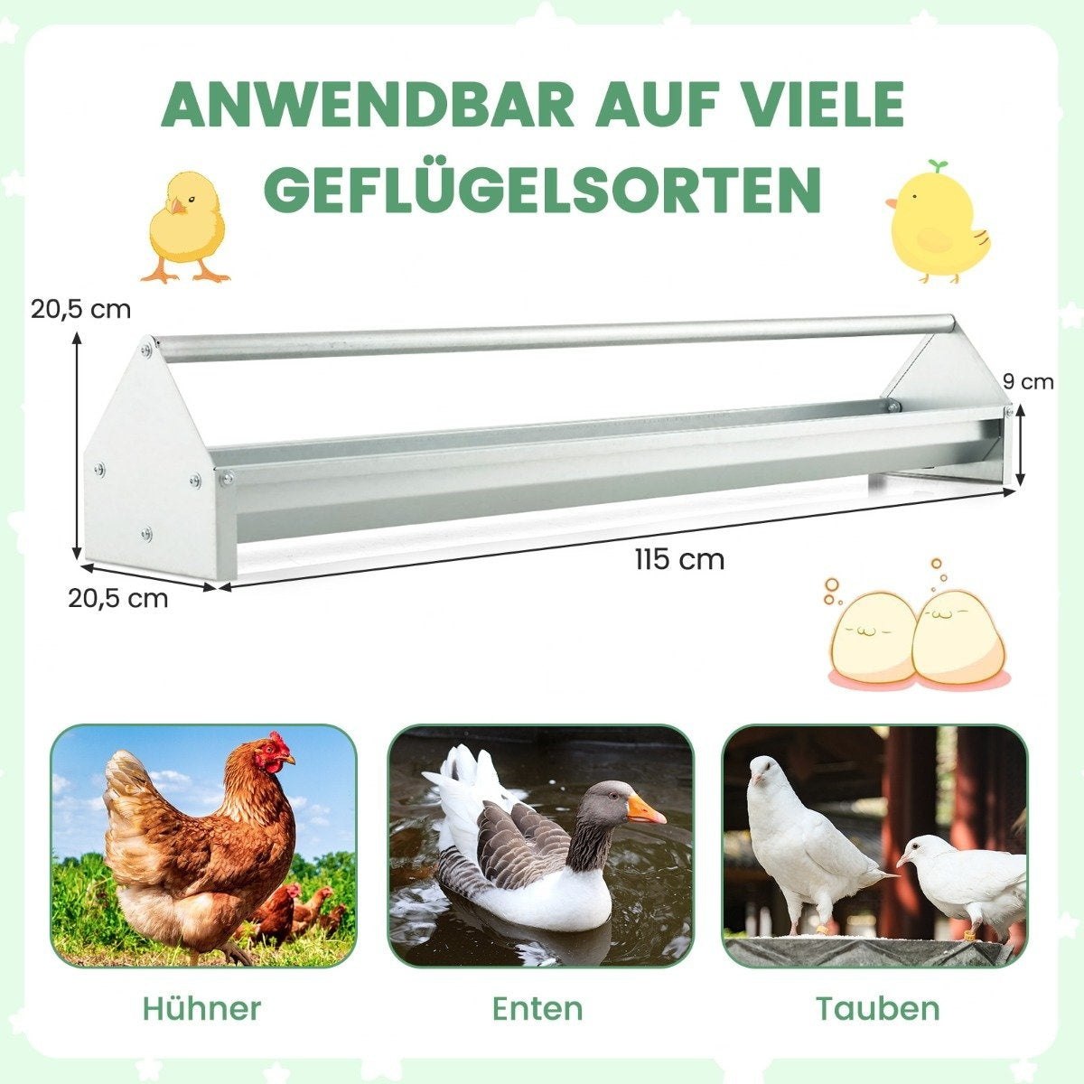 Metal trough for chicken feed grain dispenser made of galvanized metal with drainage holes and rotating handle