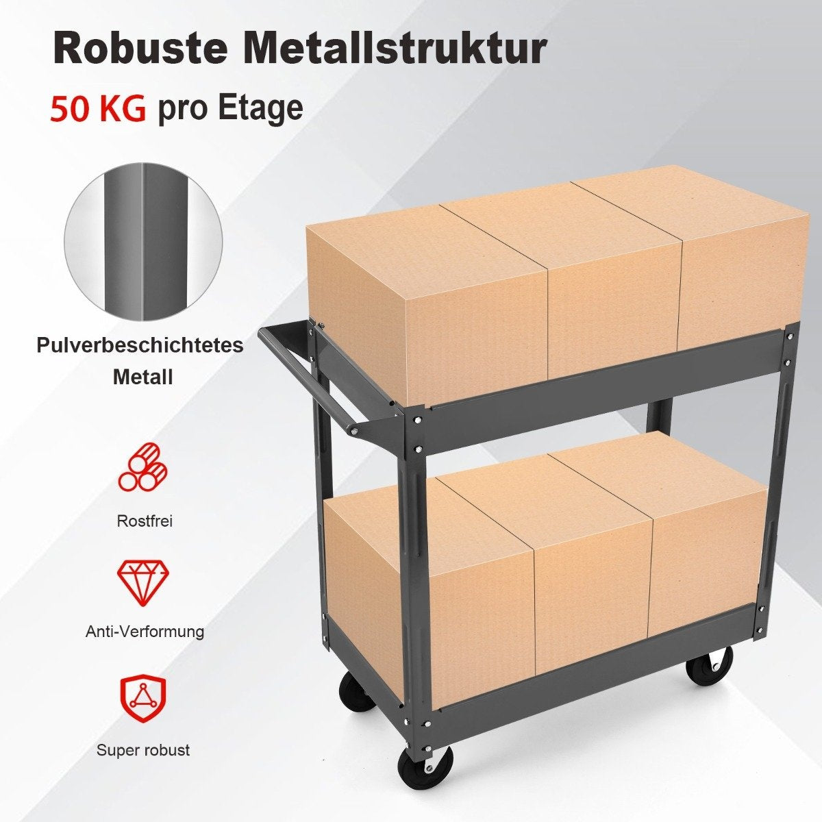 Metal workshop trolley with 2 levels and handle, multi-purpose trolley, black