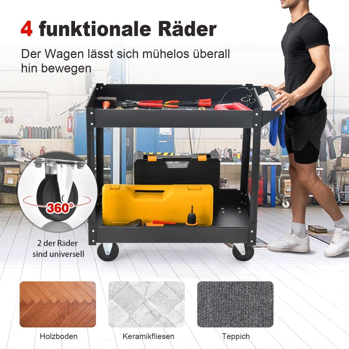 Metal workshop trolley with 2 levels and handle, multi-purpose trolley, black