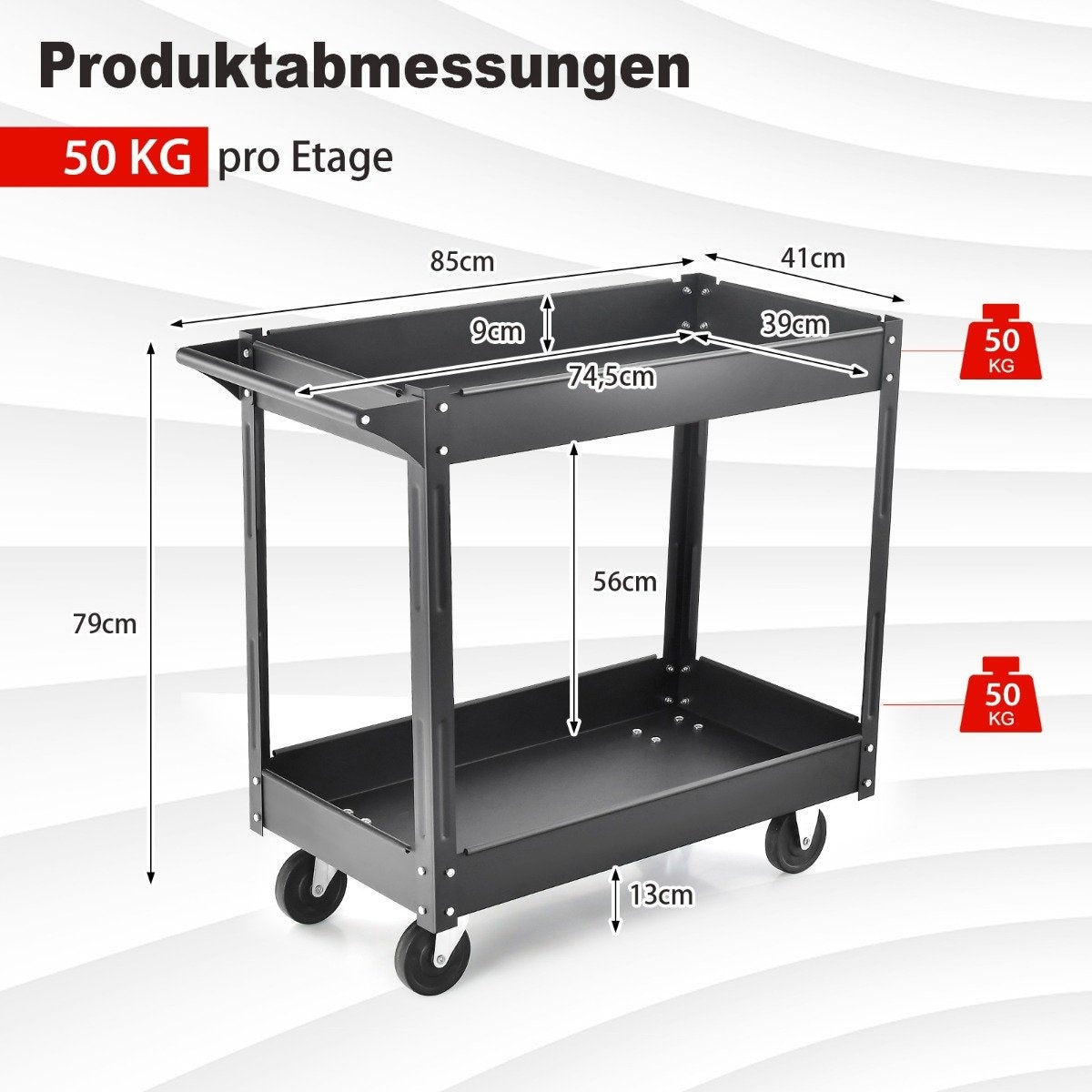 Metal workshop trolley with 2 levels and handle, multi-purpose trolley, black
