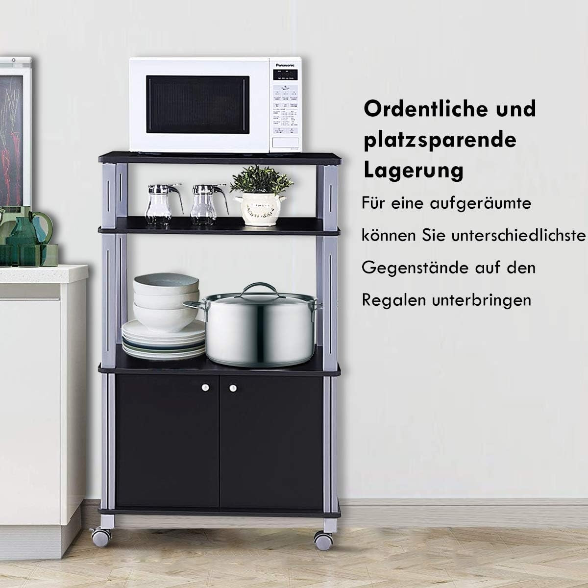 Microwave Cart, 3-Tier Shelf with Cabinet, Black