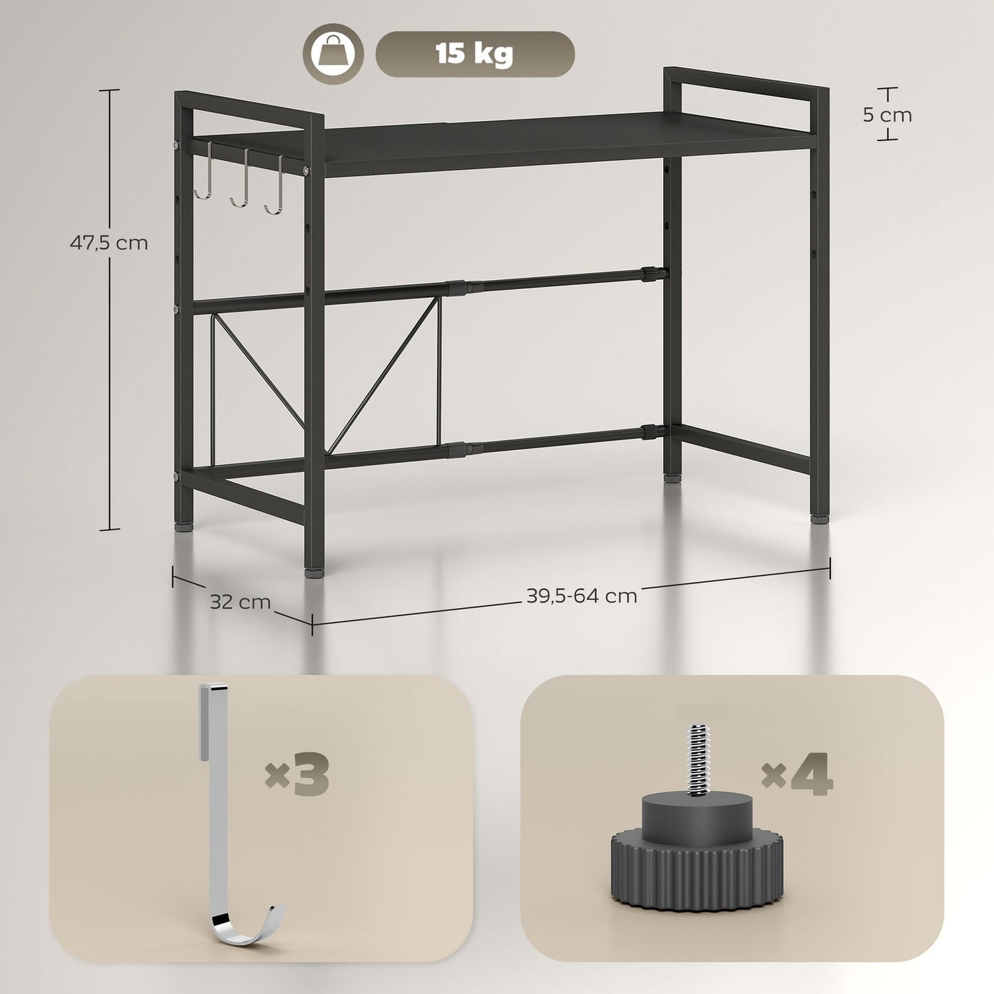 Microwave Shelf, Metal, Extendable, 3 Hooks, Black