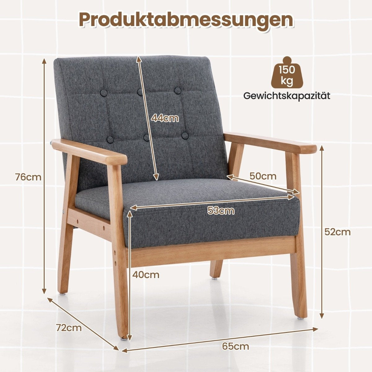 Mid-Century Modern Accent Chair, Linen Upholstery, Rubberwood Frame