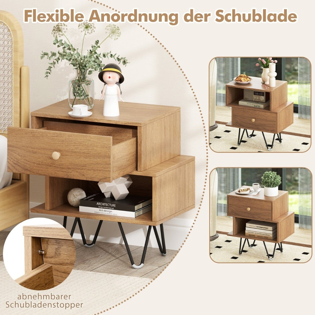 Mid-Century Modern Nightstand Set with Drawer & Shelf