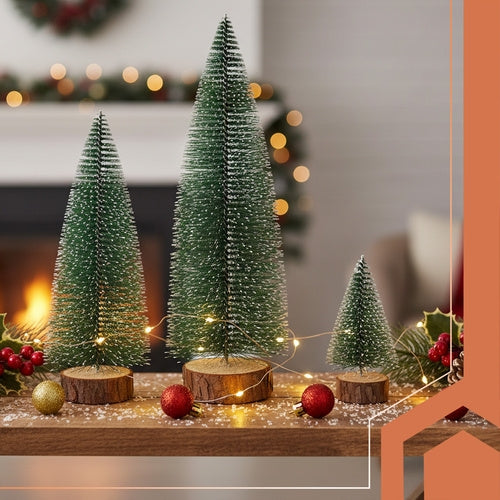 Mini Christmas Trees Set of 3, Snow-Covered, Wood Base