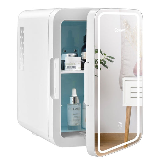 Mini Fridge 10 L Portable Fridge with LED Mirror 23 x 28 x 34 cm White