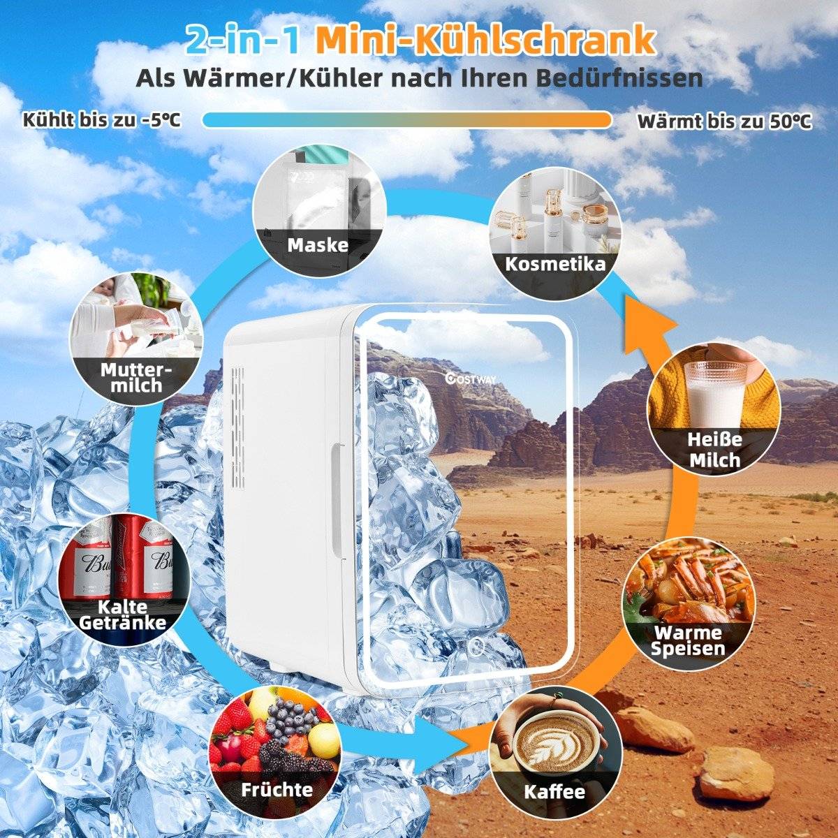 Mini Fridge 10 L Portable Fridge with LED Mirror 23 x 28 x 34 cm White