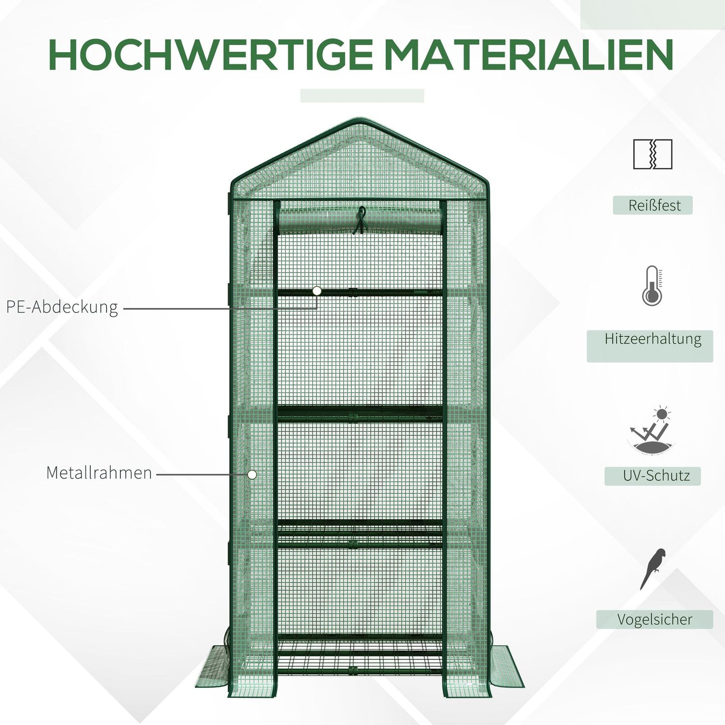 Mini greenhouse with foil cover, roller door, 4 shelves