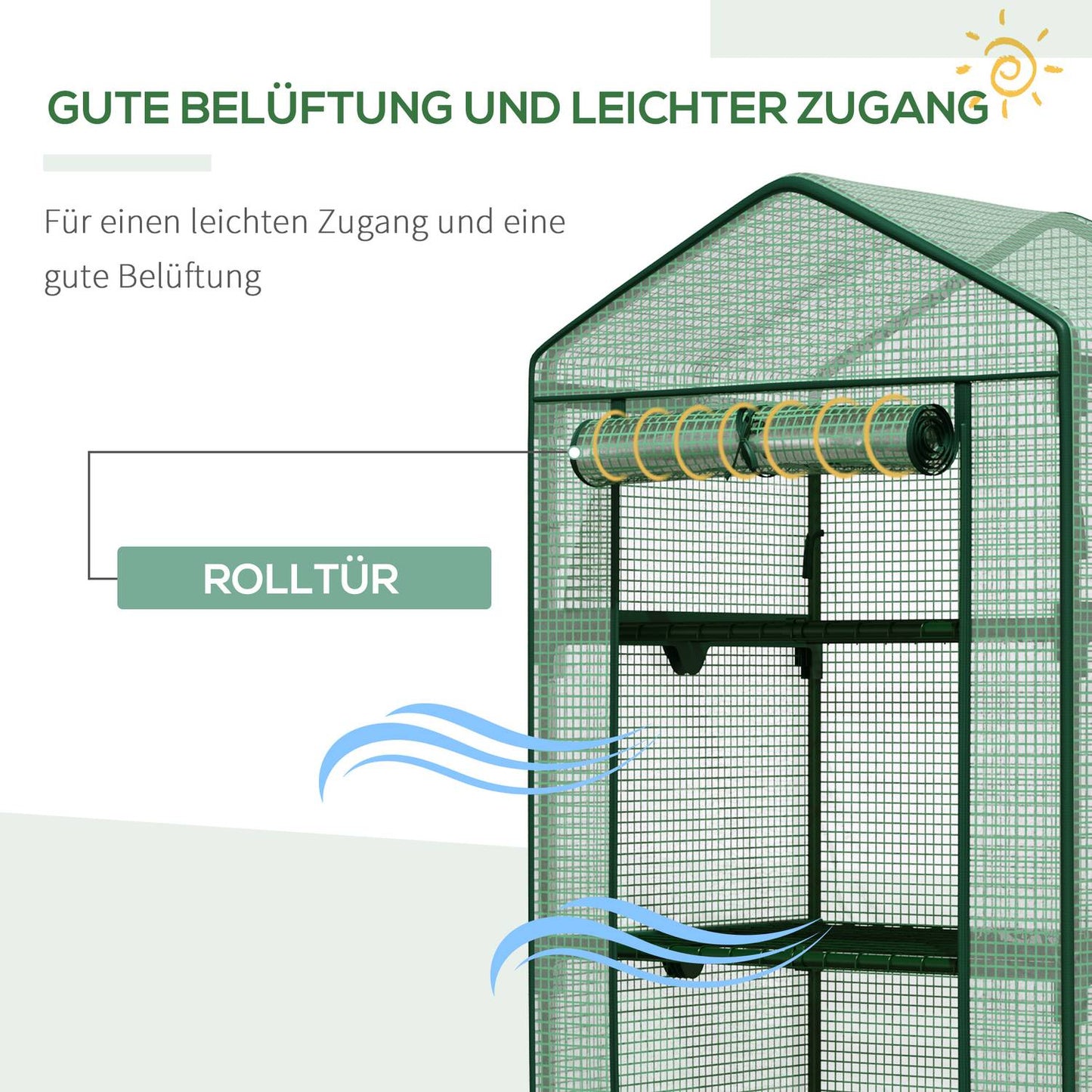 Mini greenhouse with foil cover, roller door, 4 shelves