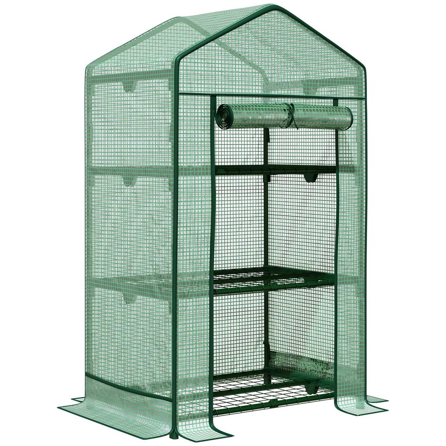 Mini greenhouse with foil cover, 3 shelves, roller door