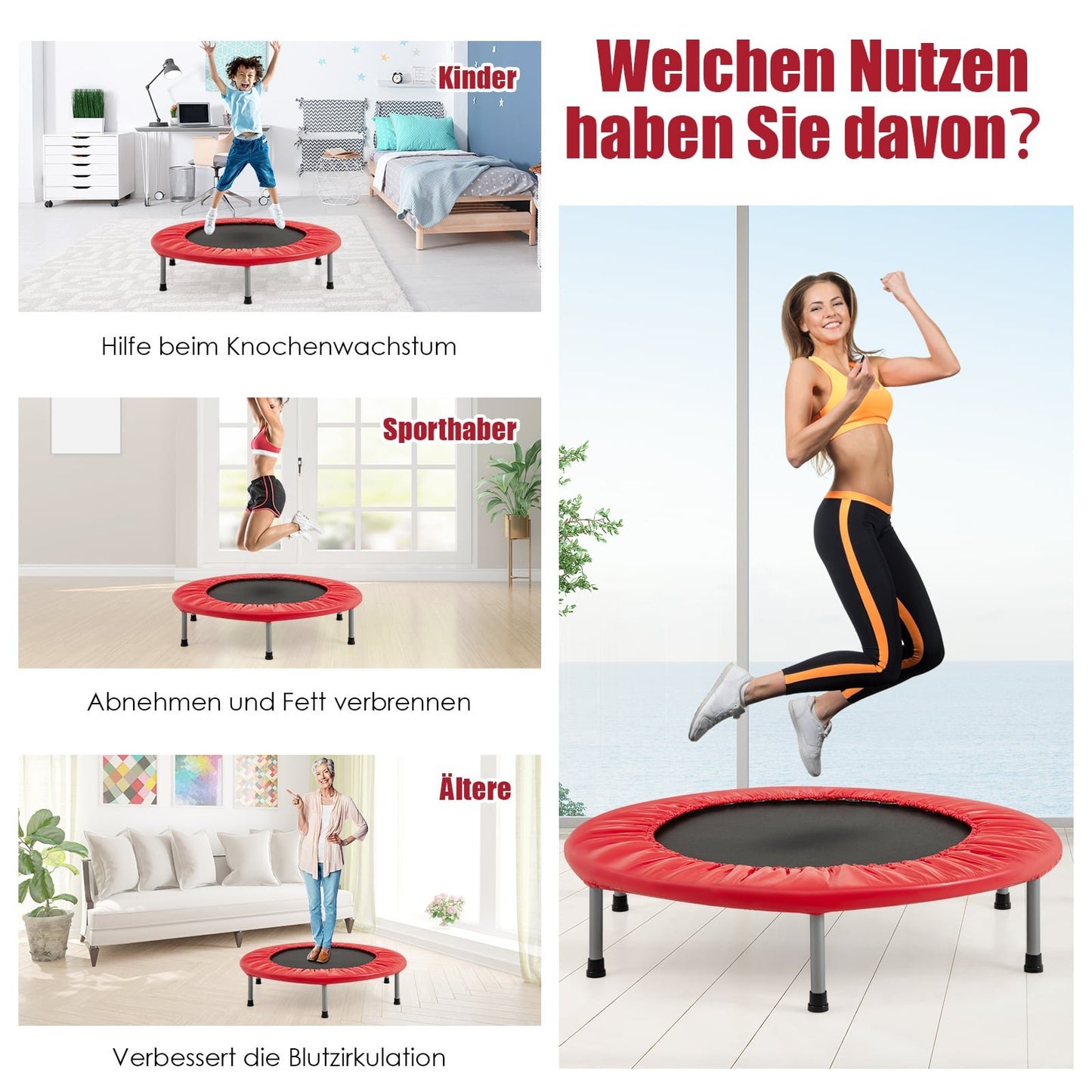 Mini Trampoline, Foldable, 97cm, 150kg Capacity, Red