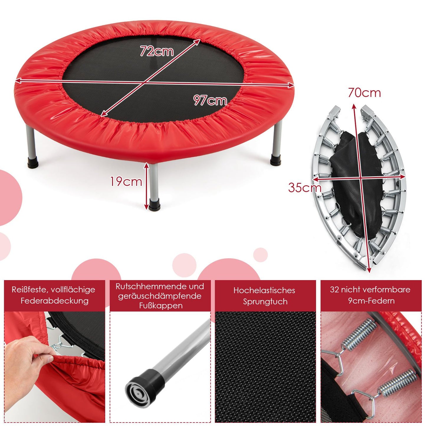 Mini Trampoline, Foldable, 97cm, 150kg Capacity, Red