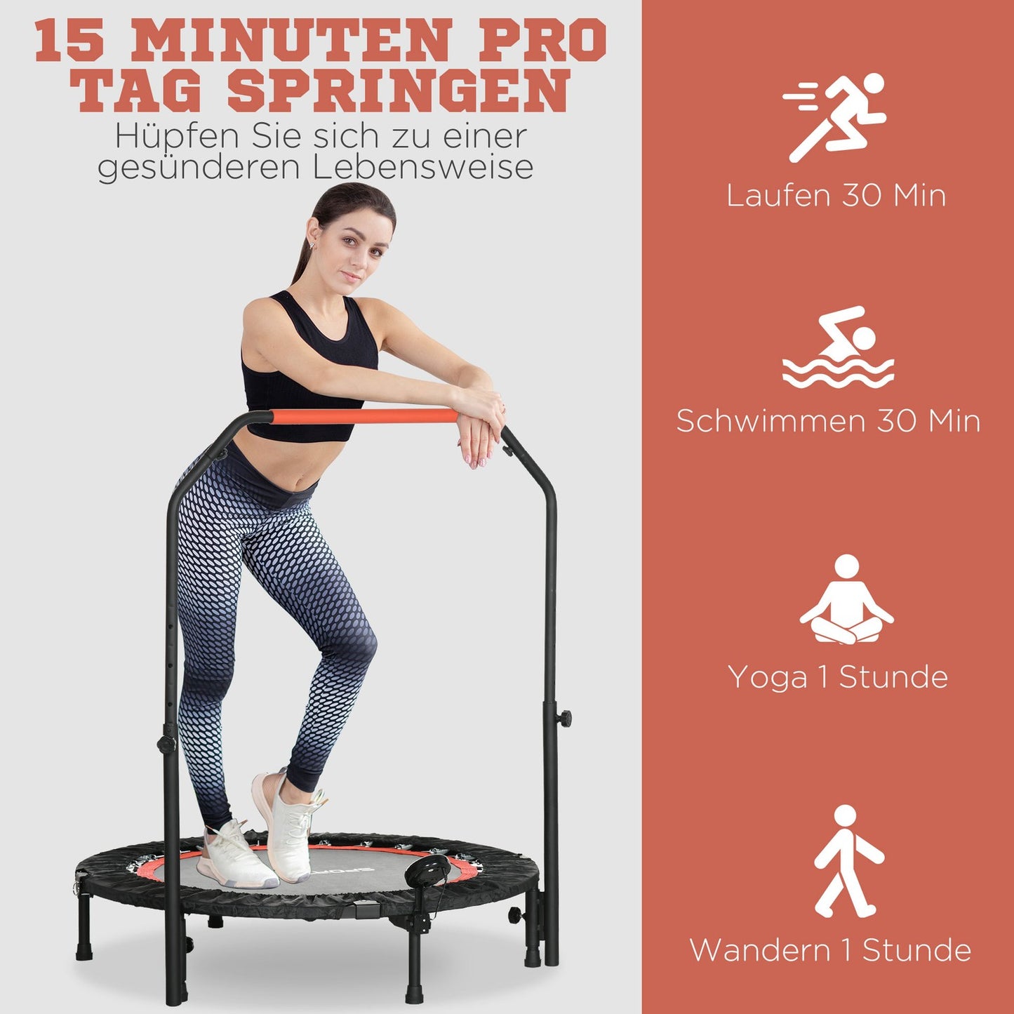 Fitness Mini trampoline, 102 cm, adjustable handle, 100 kg capacity