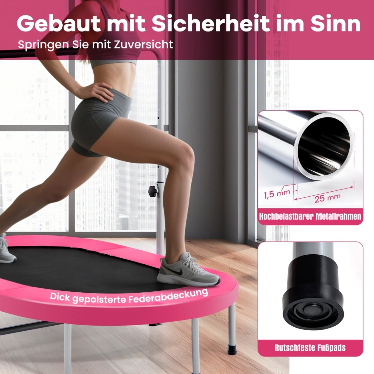 Mini Trampoline with Adjustable Handle, 2-Person, Pink