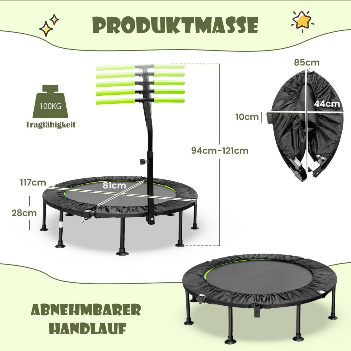 Mini Trampoline with Adjustable Handle, Foldable, 110cm