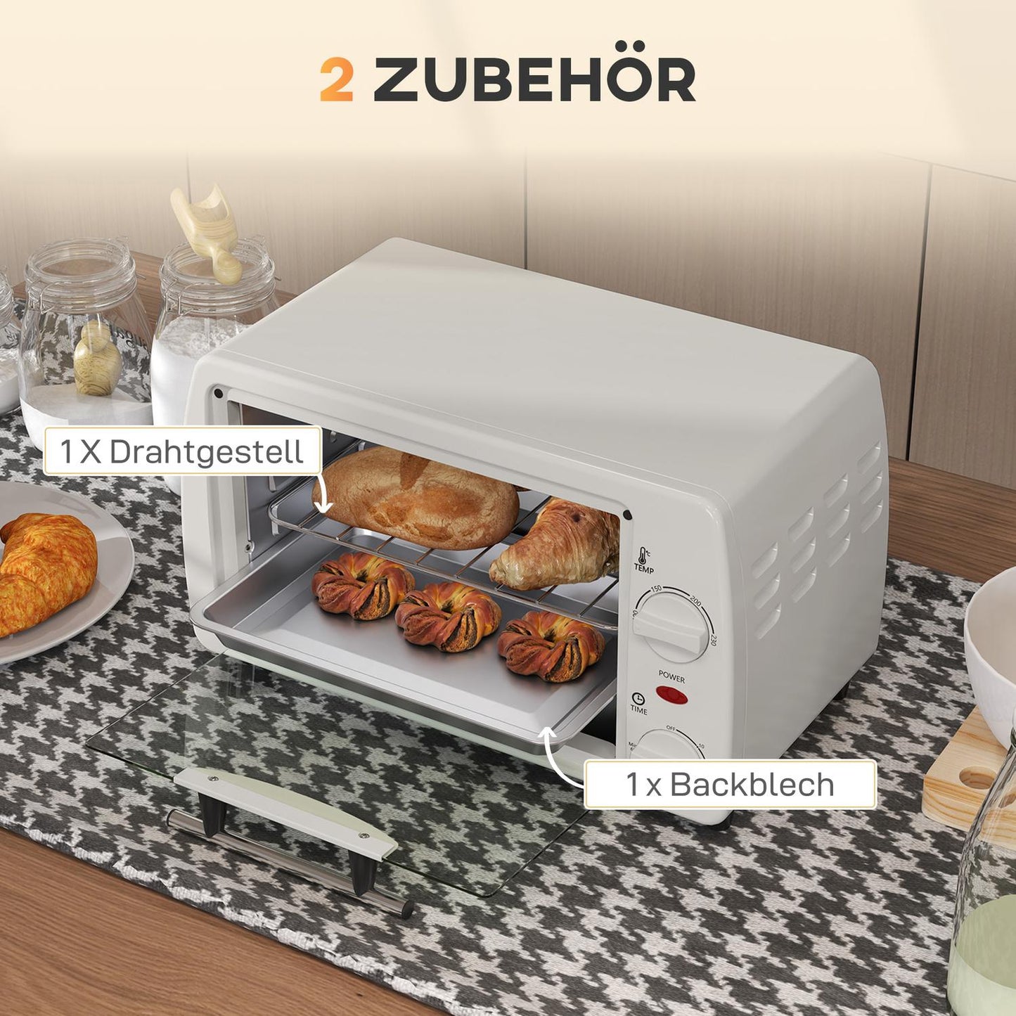 Compact 10L electric oven, 750W, 230°C, timer, cream