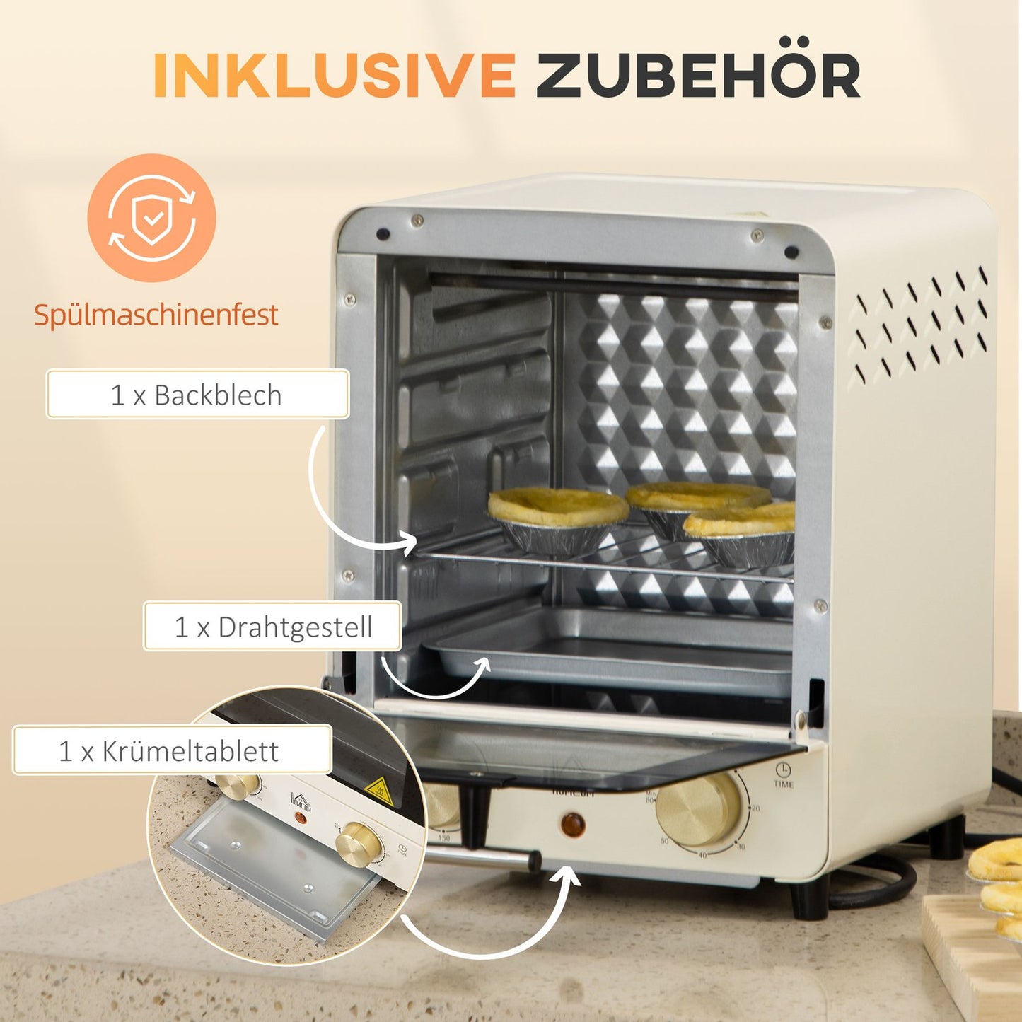 Mini oven 15L, 1000W, Timer, Cream white, Convection
