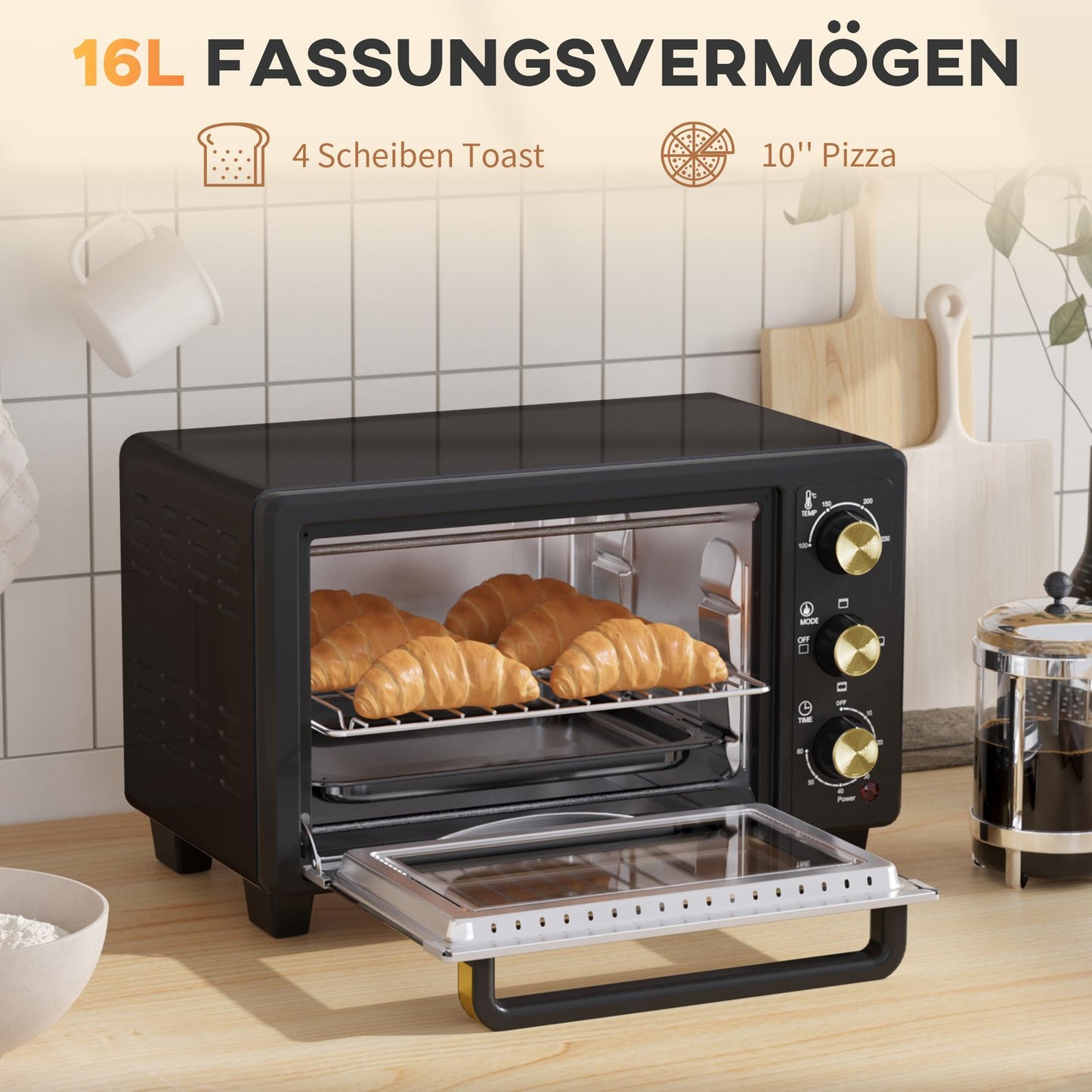 16L Mini Oven, 1400W, Grill & Baking Tray, Black