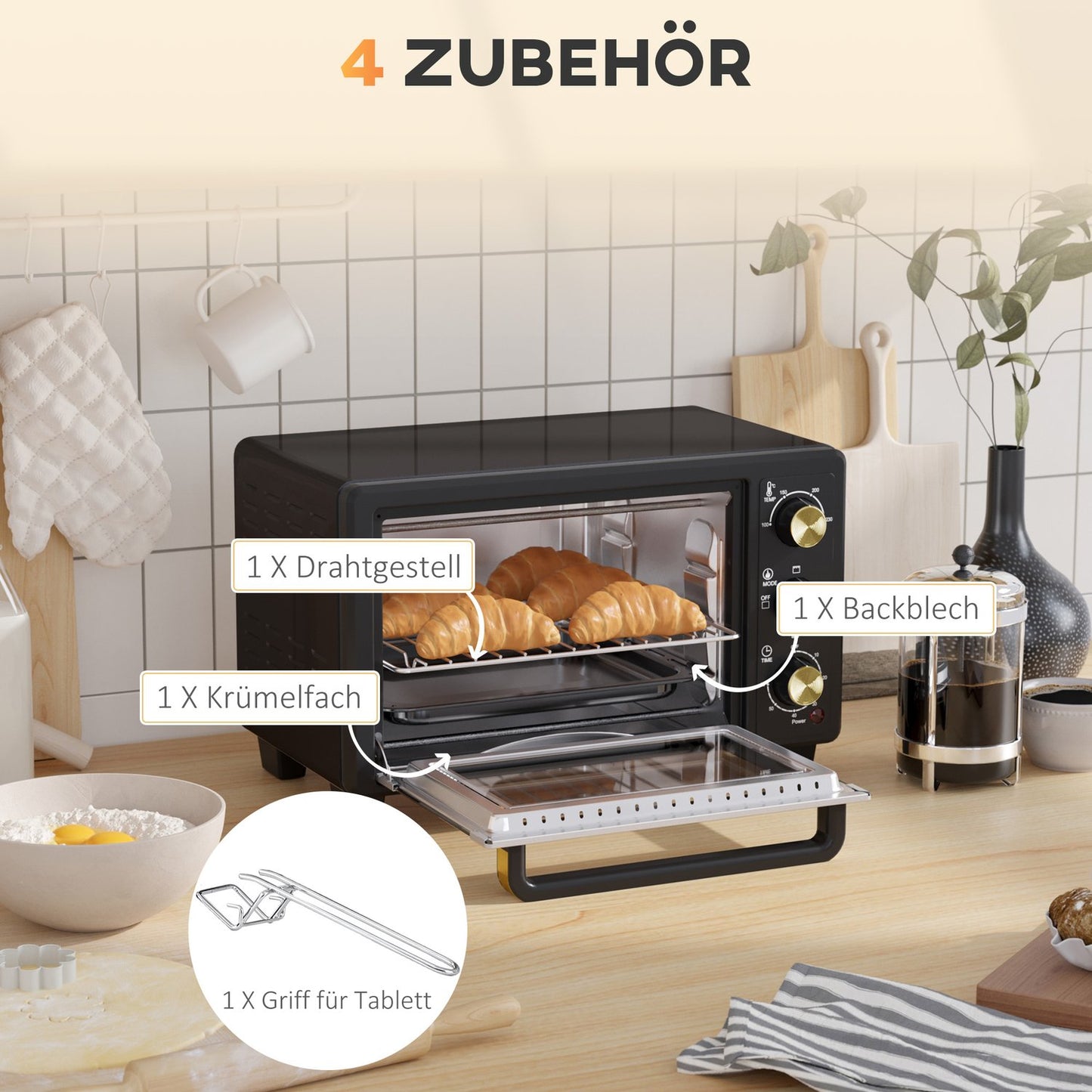 16L Mini Oven, 1400W, Grill & Baking Tray, Black