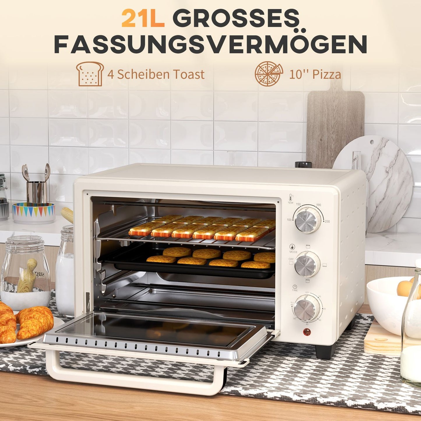 21L mini oven, 1400W with timer, includes tray and stand
