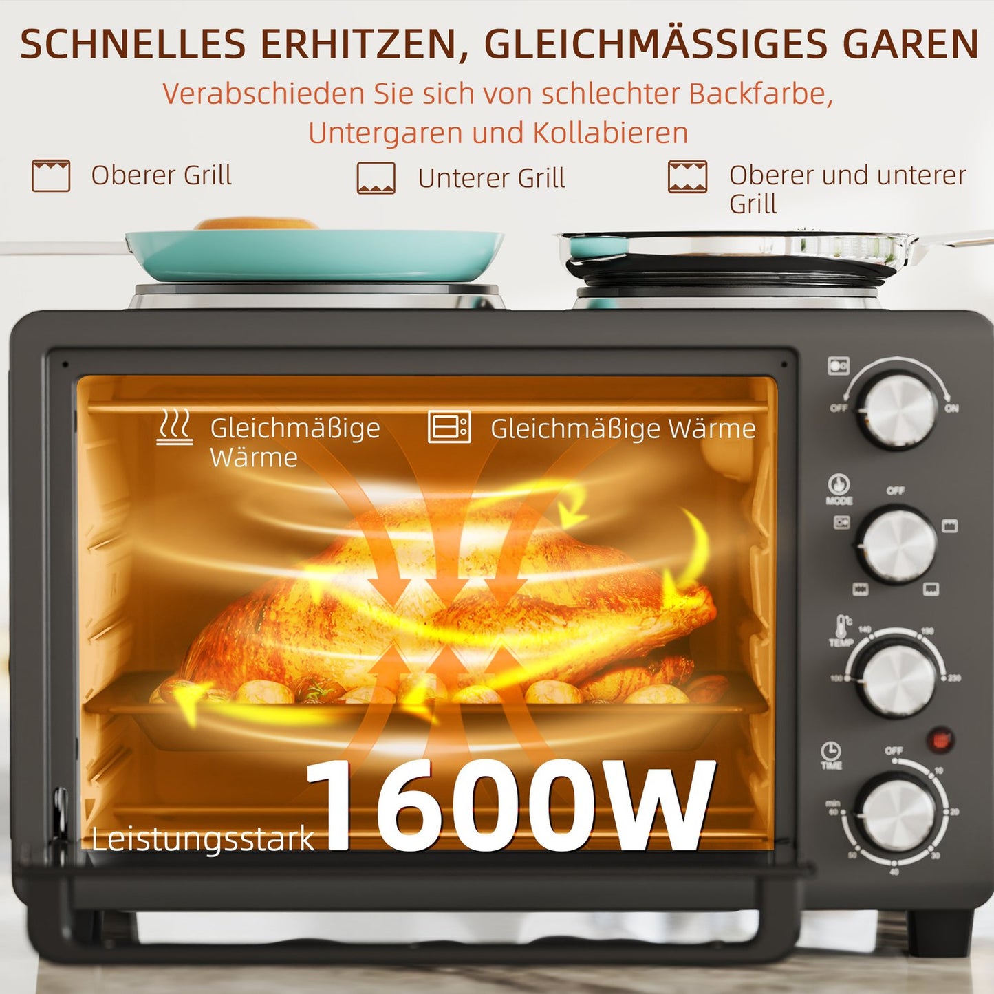 28L mini oven, 2600W, 60-min timer, double heating plates