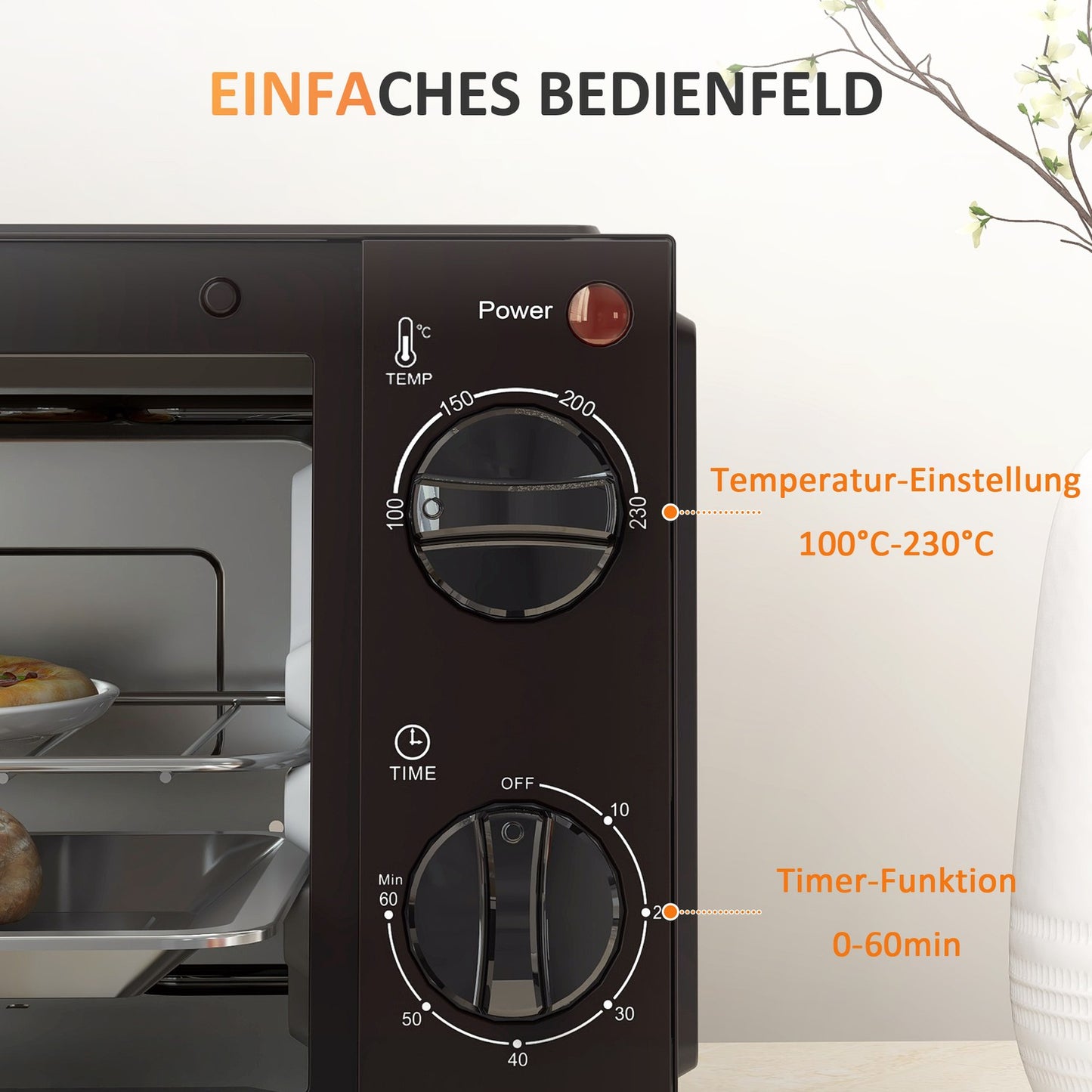 9L stainless steel mini oven, 750W, adjustable timer