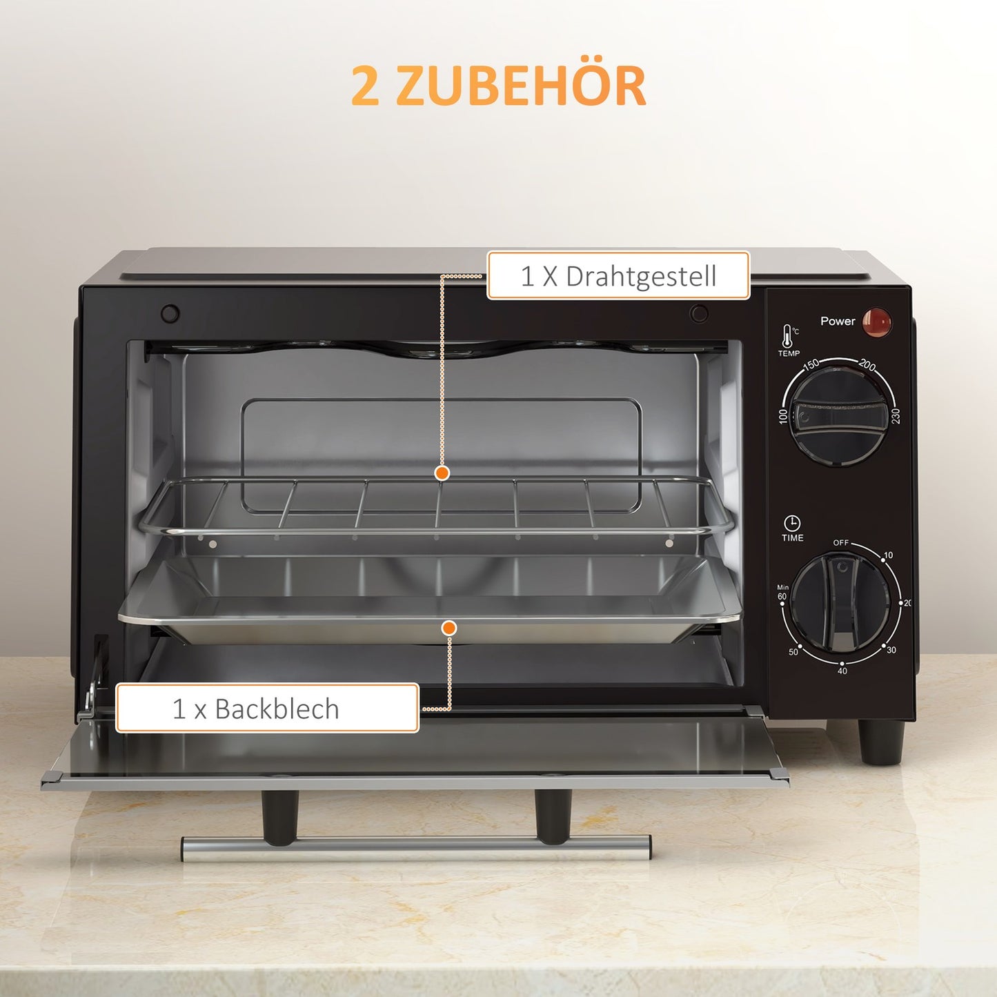 9L stainless steel mini oven, 750W, adjustable timer