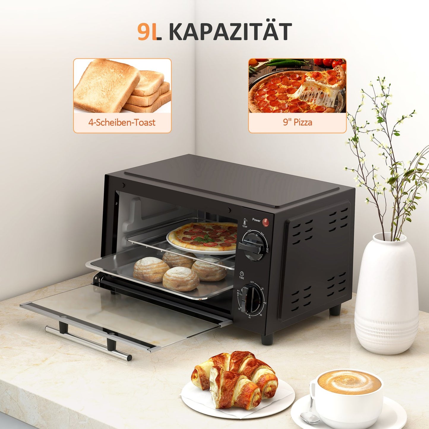 9L stainless steel mini oven, 750W, adjustable timer
