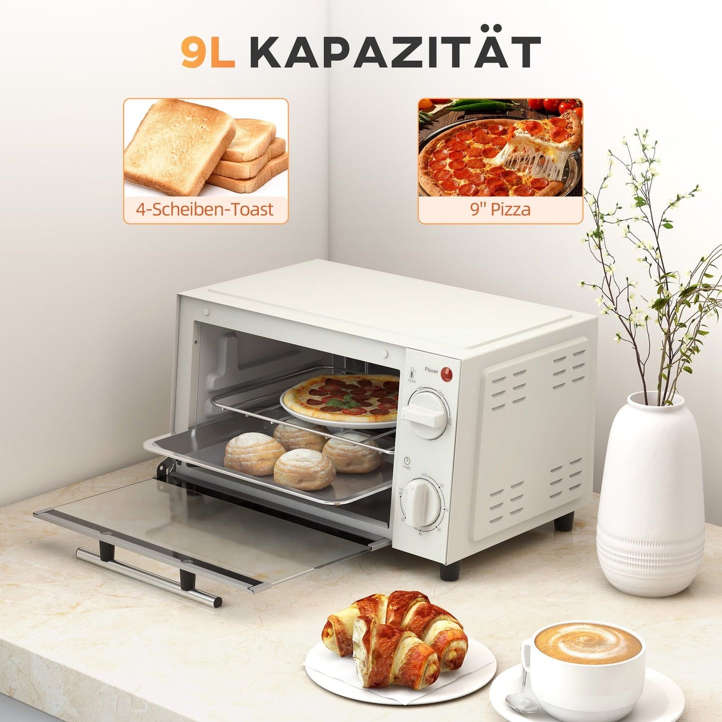 Mini oven 9L – 750W, Timer, Adjustable Temp, Cream white
