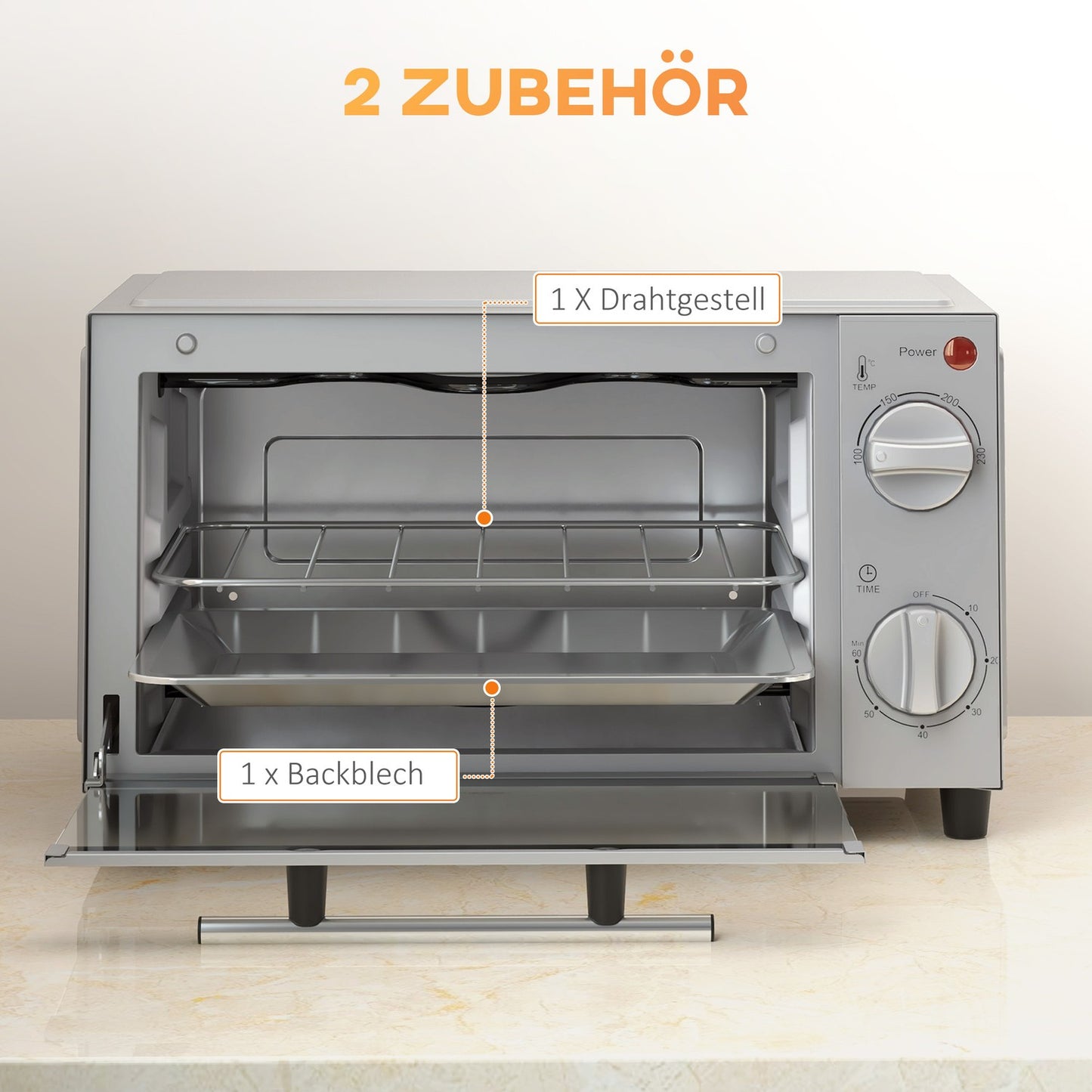Mini oven 9L, Adjustable Temp & Timer, Stainless steel